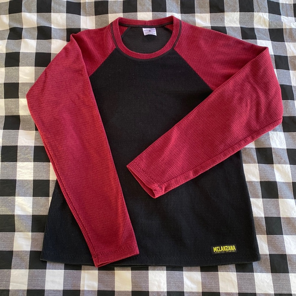 Melanzana Red and Black Microgrid Fleece Crew Neck S